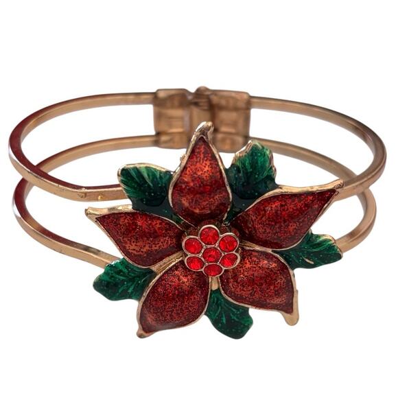 Macy’s Holiday Lane Gold Enameled Poinsettia Christmas Bangle Bracelet NIB - Picture 3 of 6